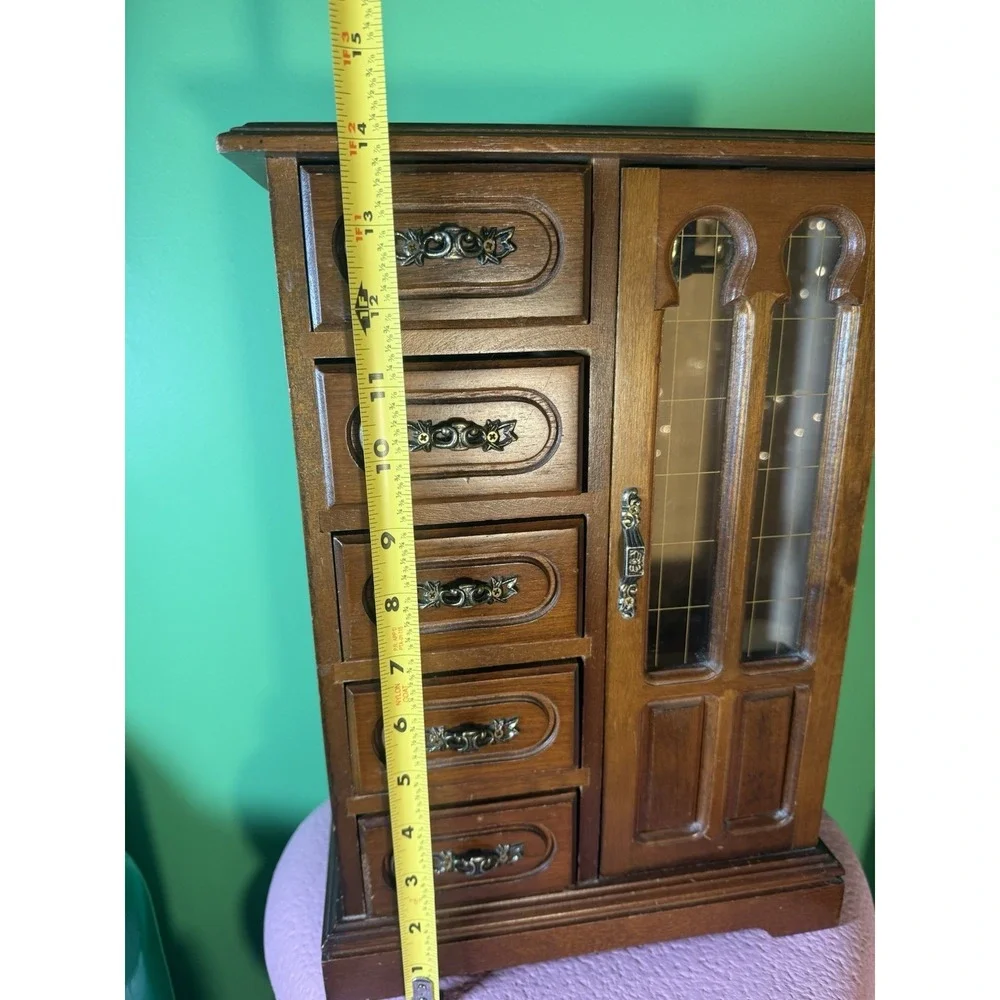Large Armoire-Style Jewelry Box with Glass Door & 5 Drawers 14×10×5.75 Inches